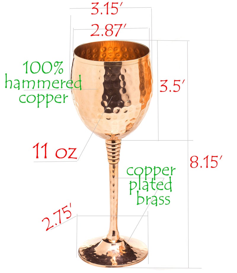 Mosscoff Copper wine glasses set of 2 â€“ 11oz gleaming 100% solid hammered copper wine cups on brass copper plated stems â€“ a gift for men and women â€“ great glasses for red or white wine and Moscow mules - Image 3